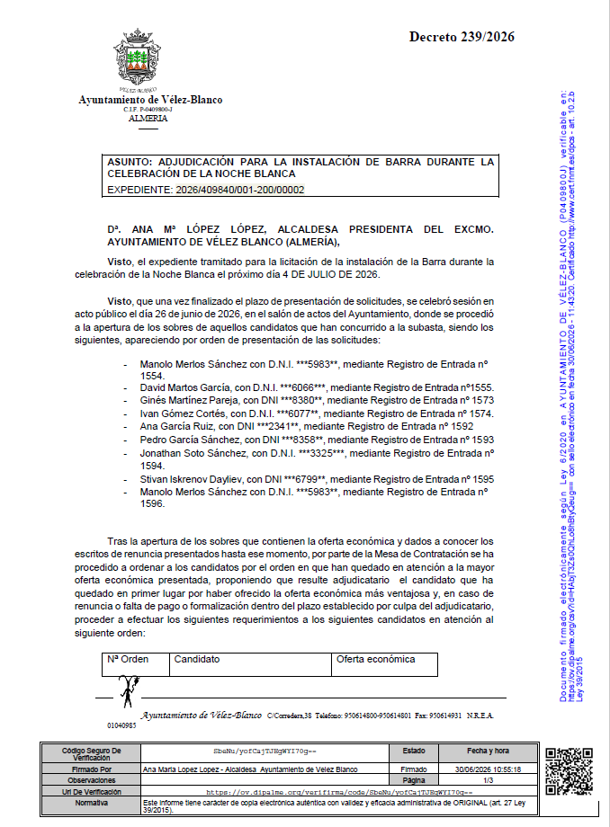 ADJUDICACIÓN PARA LA INSTALACIÓN DE BARRA DURANTE LA CELEBRACIÓN DE LA NOCHE BLANCA